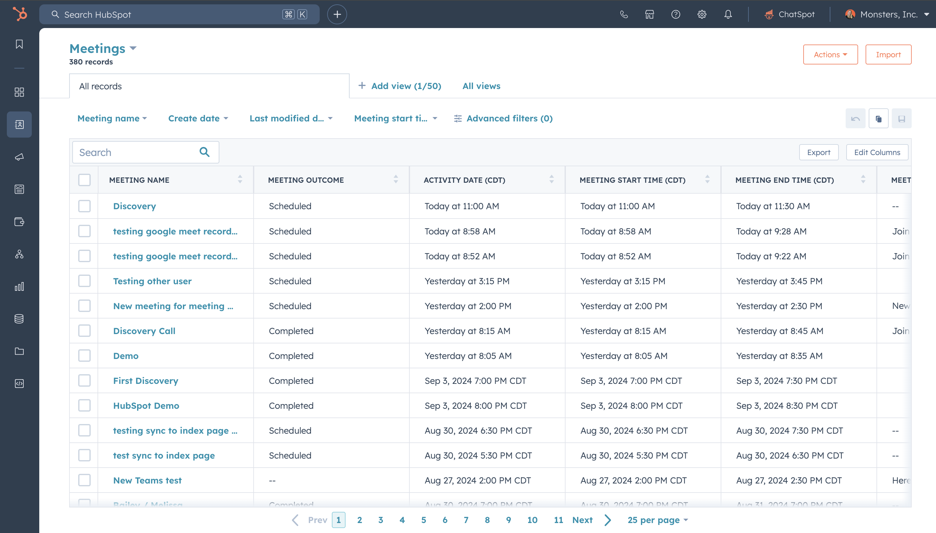 Interface des pages Index Meetings